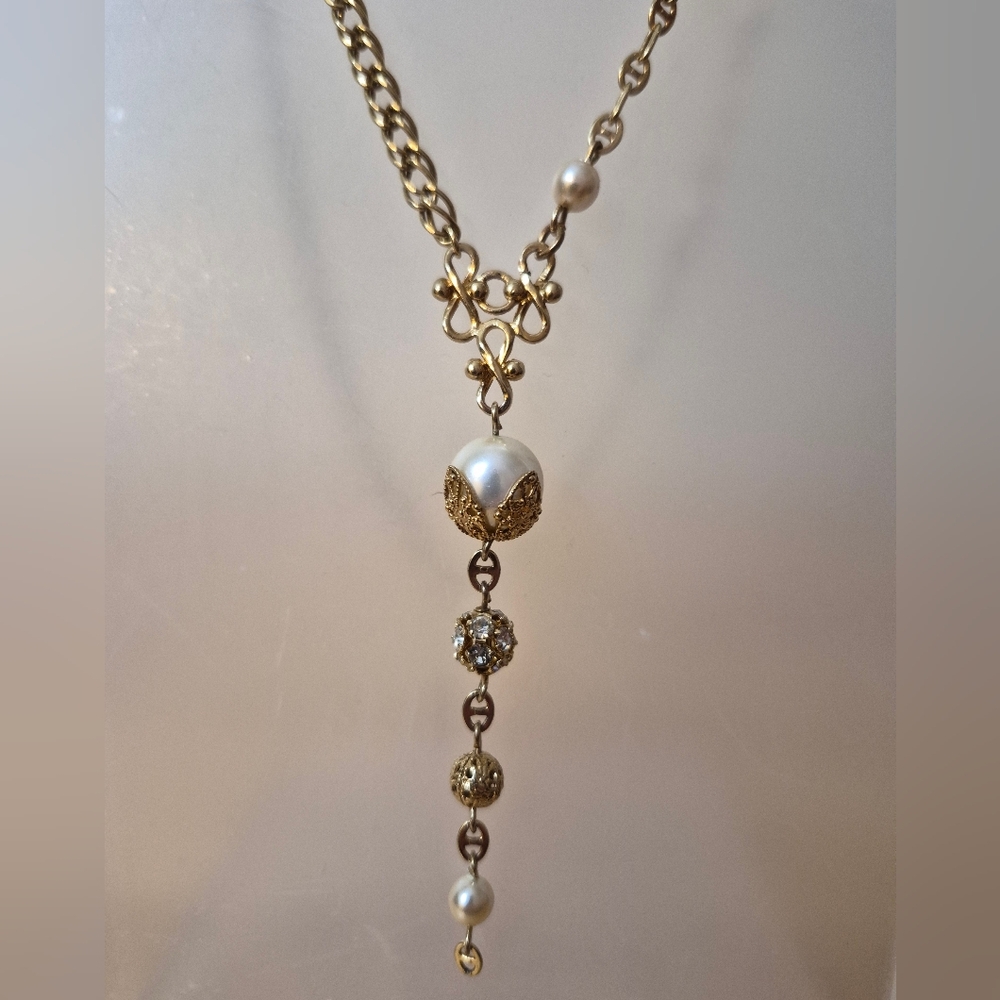 Reimagined Goldtone Pearl Drop Necklace - Picture 3 of 9